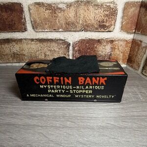 VTG 1960s Yone Mechanical Wind Up Coffin Coin Bank Skeleton Tin Toy Japan(Works)